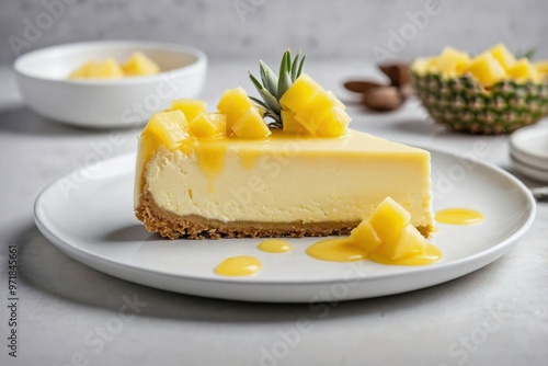 Pineapple Cheesecake: A slice of pineapple cheesecake with a pineapple glaze on top, set on a plain white plate with a clean, minimalist style.