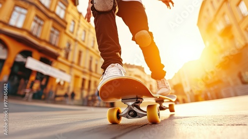 Skateboarder Riding Through City Street at Sunset photo