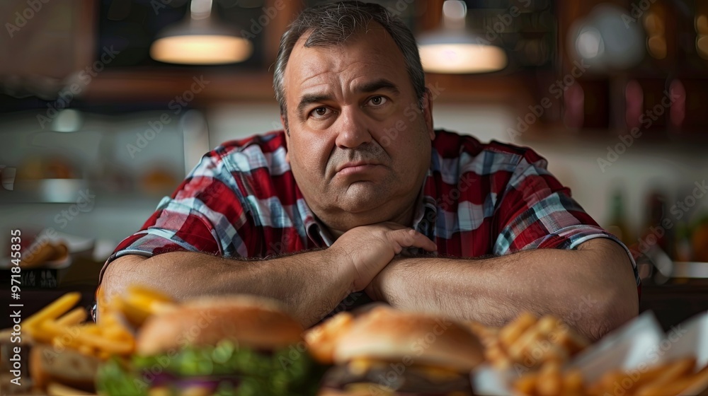 Overweight man in the background of unhealthy food, obesity concept Overweight man in the background of unhealthy food, obesity concept