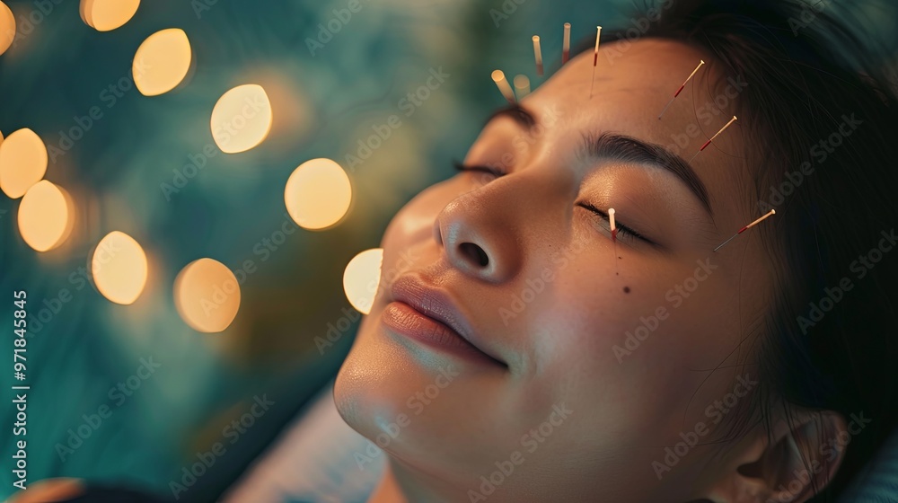 Portrait of a woman undergoing acupuncture treatment Portrait of a woman undergoing acupuncture treatment