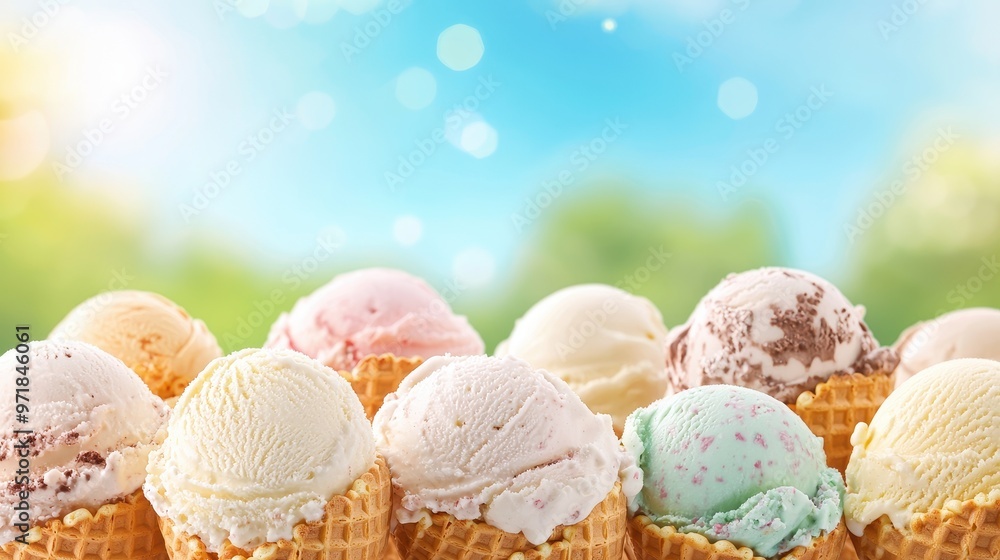 Assortment of Ice Cream Scoops in Waffle Cones Assortment of Ice Cream Scoops in Waffle Cones