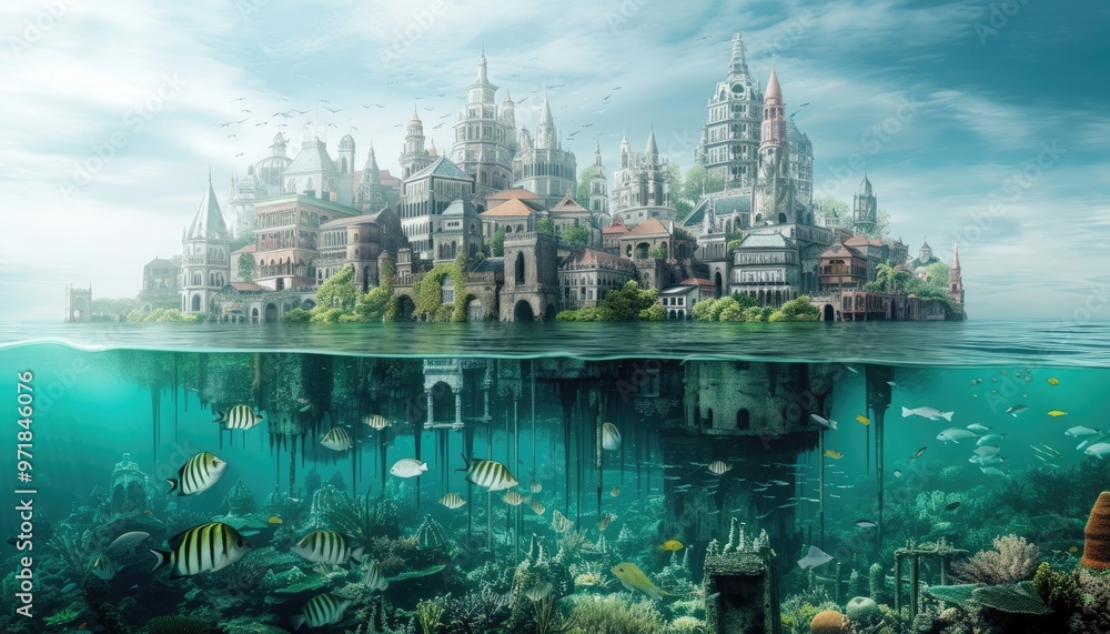 A floating city with historical elements surrounded by water A floating city with historical elements surrounded by water