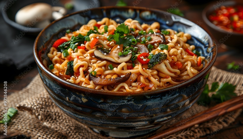 Asian noodle meal with shiitake and vegetables. Asian noodle meal with shiitake and vegetables.