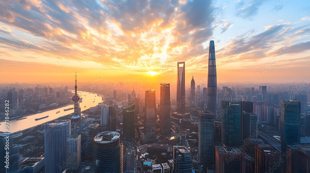 Fototapeta premium Shanghai Skyline at Sunset with the Pearl Tower and Skyscrapers