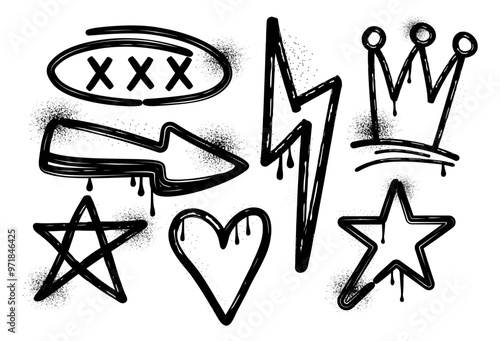 Set of graffiti icons. Brush. Charcoal and crayon. Scribble. Grunge texture. Trendy elements. Collection shapes. Spray, dots. Melted paint. Ink. Freehand. Splash. Street art. Star, lightning, crown