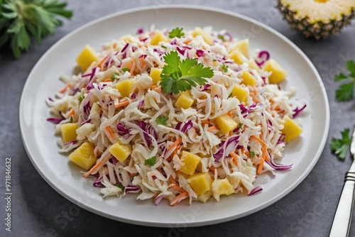 Pineapple Coleslaw: Overhead view of pineapple coleslaw spread thinly on a white plate