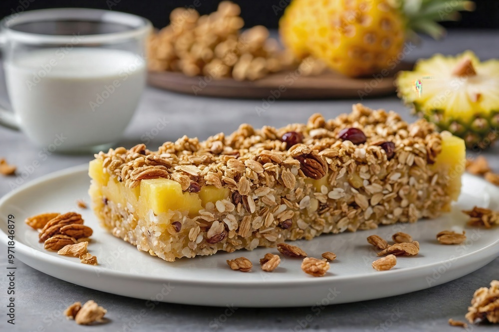 Pineapple Granola Bars: A single granola bar with visible dried pineapple chunks, placed on a plain white plate, showing the chewy texture and nutty ingredients. Pineapple Granola Bars: A single granola bar with visible dried pineapple chunks, placed on a plain white plate, showing the chewy texture and nutty ingredients.