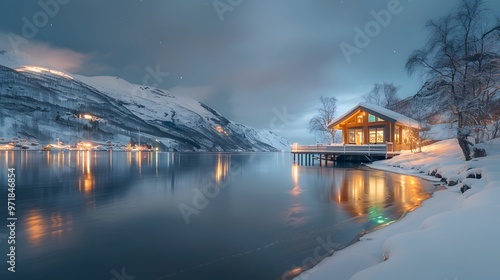 Cozy cabin by snowy landscape and river.