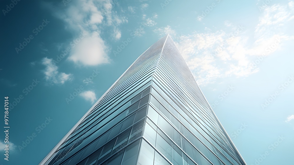Low Angle View of a Tall Glass Skyscraper Against a Blue Sky with White Clouds Low Angle View of a Tall Glass Skyscraper Against a Blue Sky with White Clouds