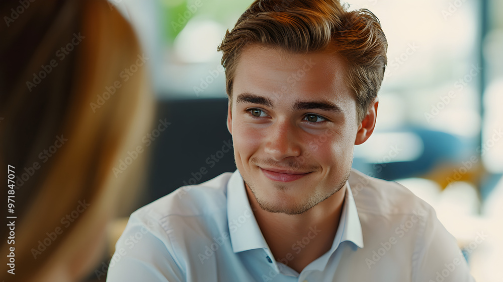 Fototapeta premium Confident Leader Shines in Modern Office Interview