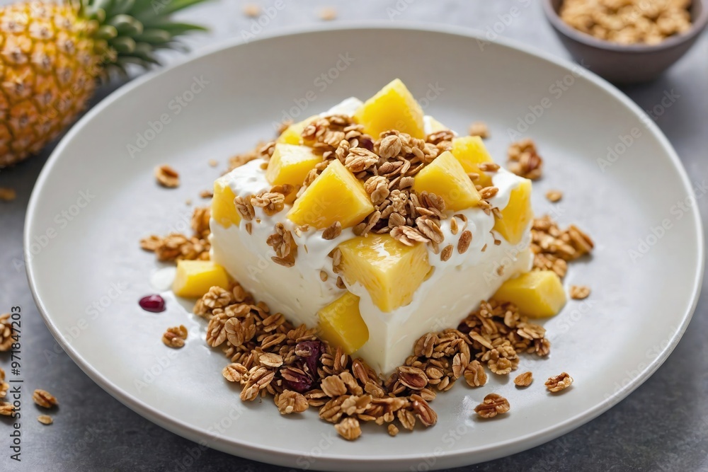 Pineapple Parfait: Overhead view of a deconstructed pineapple parfait, with small piles of granola, yogurt, and pineapple on a white plate. Pineapple Parfait: Overhead view of a deconstructed pineapple parfait, with small piles of granola, yogurt, and pineapple on a white plate.