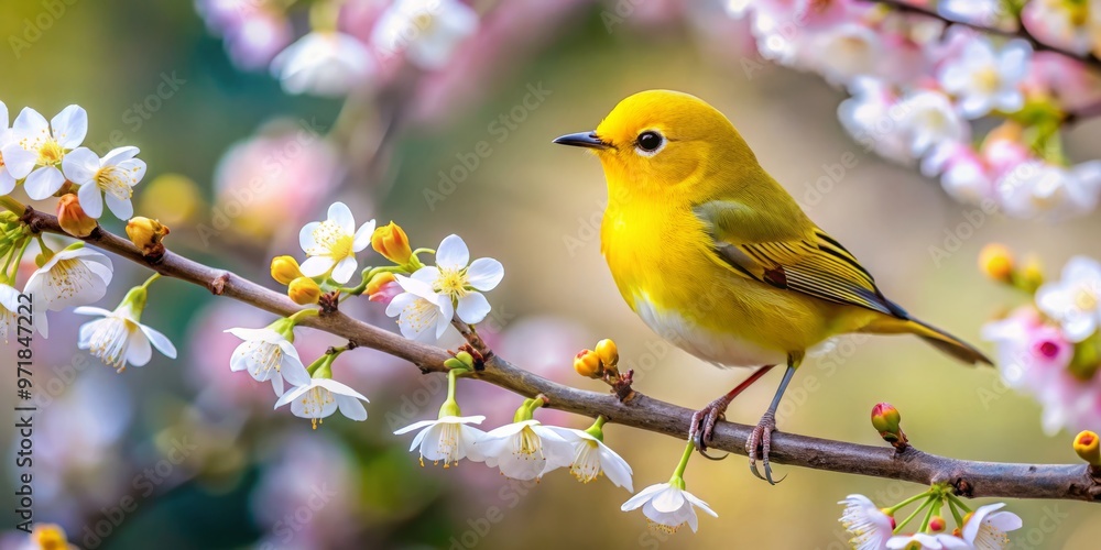 A diminutive yellow bird settles on a budding branch, where delicate flowers bloom against a haze of soft, A diminutive yellow bird settles on a budding branch, where delicate flowers bloom against a haze of soft,