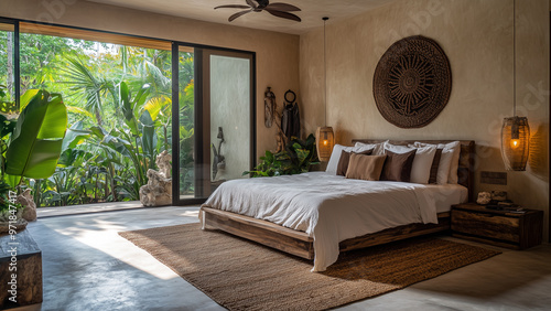 Tropical Plants and Sculptures in a Tulum-Style Bedroom