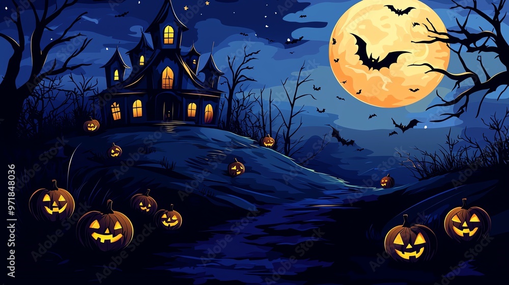 Spooky Halloween night with haunted house, glowing pumpkins, full moon, and flying bats creating a scary atmosphere. Spooky Halloween night with haunted house, glowing pumpkins, full moon, and flying bats creating a scary atmosphere.