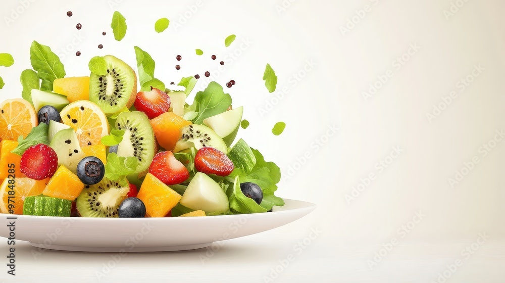 Fresh Fruit Salad with Kiwi Orange Strawberry and Blueberry in a White Bowl Fresh Fruit Salad with Kiwi Orange Strawberry and Blueberry in a White Bowl