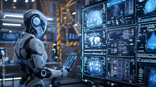 Futuristic robot analyzing data on multiple screens. Advanced AI, technology, and innovation in a high-tech control room.