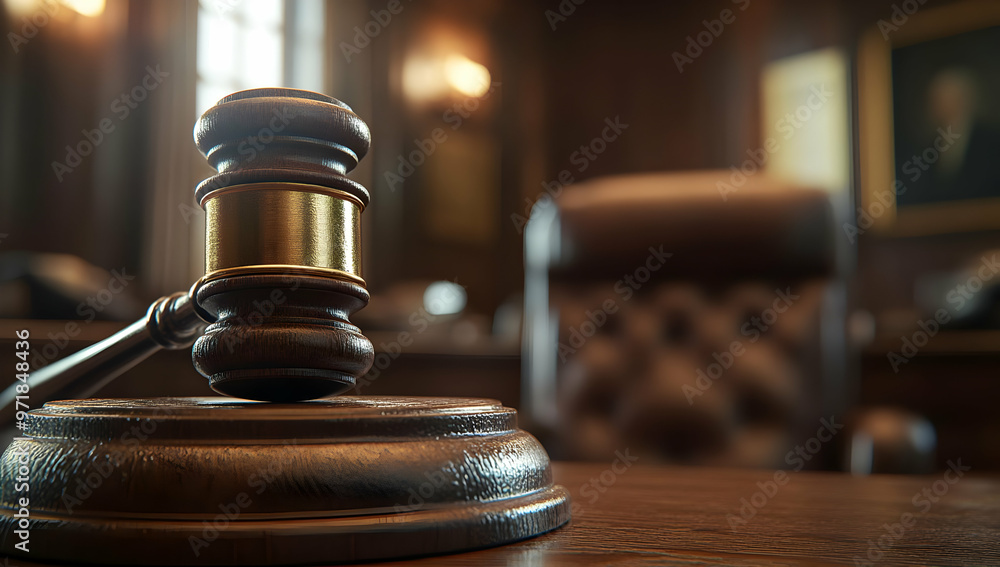 A close-up of a wooden gavel on a desk in an elegant courtroom, symbolizing justice and legal proceedings. A close-up of a wooden gavel on a desk in an elegant courtroom, symbolizing justice and legal proceedings.