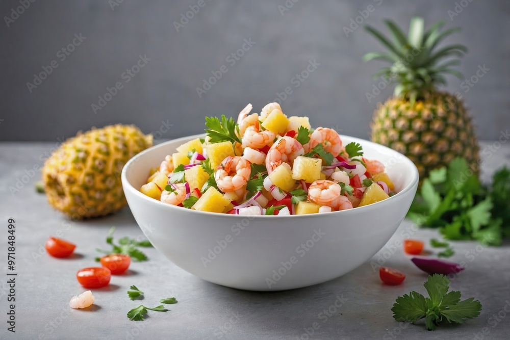 Pineapple and Shrimp Ceviche: A white bowl of pineapple and shrimp ceviche, showing the mix of diced pineapple, shrimp, and herbs Pineapple and Shrimp Ceviche: A white bowl of pineapple and shrimp ceviche, showing the mix of diced pineapple, shrimp, and herbs