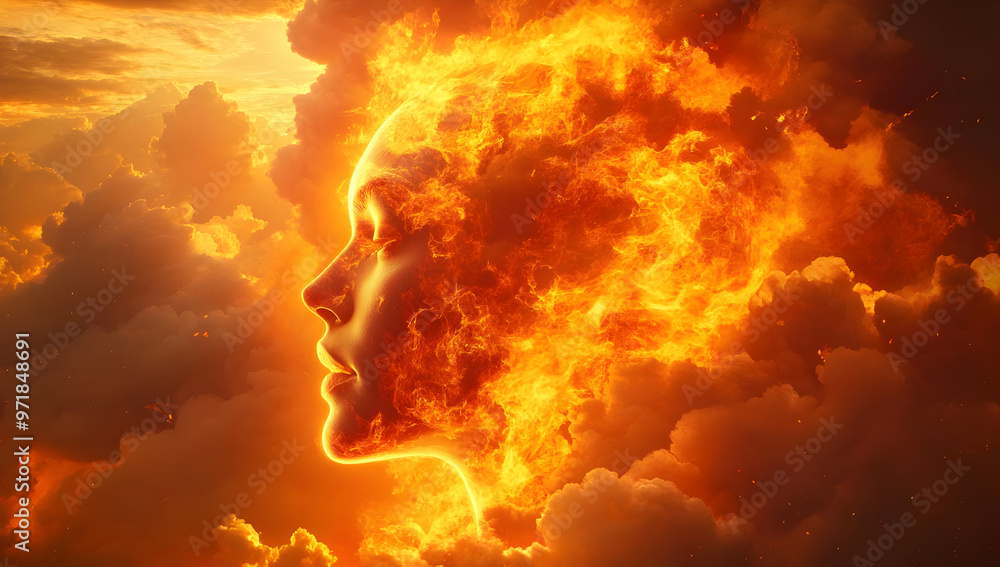 A captivating blend of fiery colors and cloud formations creating a surreal human silhouette against a stunning sunset. A captivating blend of fiery colors and cloud formations creating a surreal human silhouette against a stunning sunset.