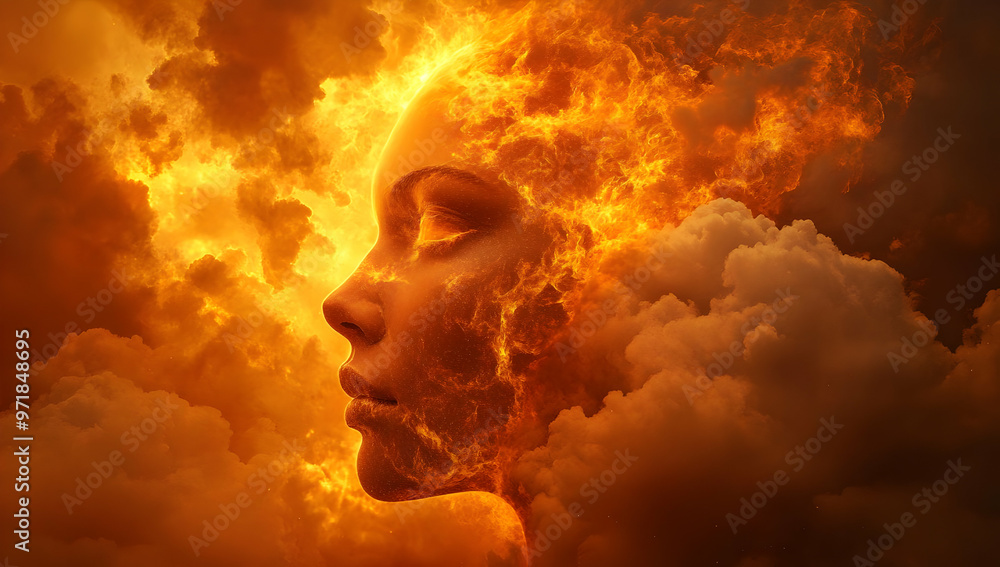 A surreal depiction of a woman's face emerging from fiery clouds, symbolizing transformation and inner strength. A surreal depiction of a woman's face emerging from fiery clouds, symbolizing transformation and inner strength.