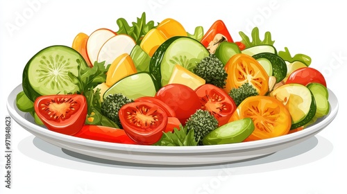 Fresh Vegetable Salad with Tomatoes Cucumbers and Broccoli in Bowl