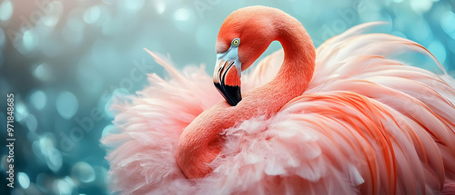 A stunning close-up of a vibrant pink flamingo showcasing its beautiful feathers against a dreamy bokeh background. photo