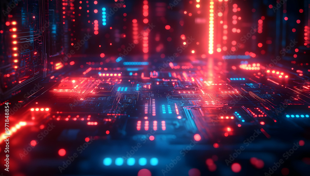 Vibrant digital circuit board with colorful lights, representing technology and innovation in a futuristic setting. Vibrant digital circuit board with colorful lights, representing technology and innovation in a futuristic setting.