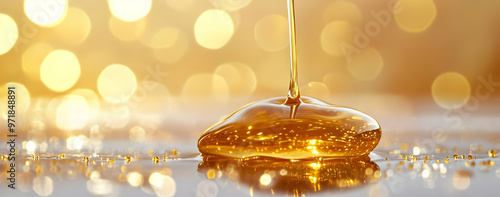 A close-up of golden honey dripping on a reflective surface, creating a beautiful and appealing visual with a warm glow.