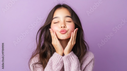 Young woman with long dark hair making a kissy face.