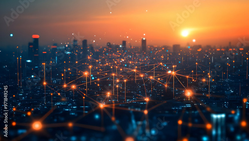 Stunning city skyline at sunset, showcasing a network of lights and connections. Perfect for tech and urban themes.