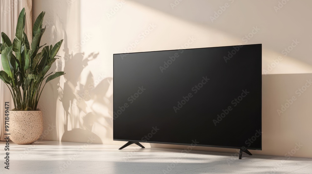 Fototapeta premium Modern TV Mockup with Green Plant and Sunlight