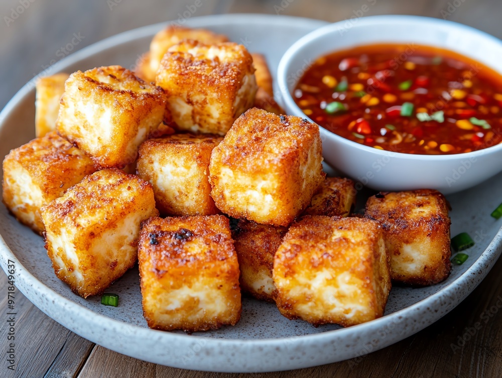 Crispy tofu nuggets with a side of sweet chili sauce, Fast food, vegan treat Crispy tofu nuggets with a side of sweet chili sauce, Fast food, vegan treat