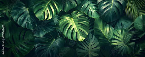 Wallpaper Mural A lush arrangement of tropical leaves showcasing vibrant green hues and intricate patterns, perfect for nature-inspired designs. Torontodigital.ca