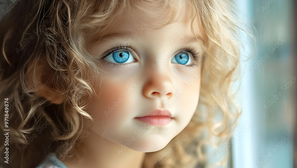 A captivating portrait of a young child with curly hair and bright blue eyes, gazing thoughtfully out the window. A captivating portrait of a young child with curly hair and bright blue eyes, gazing thoughtfully out the window.