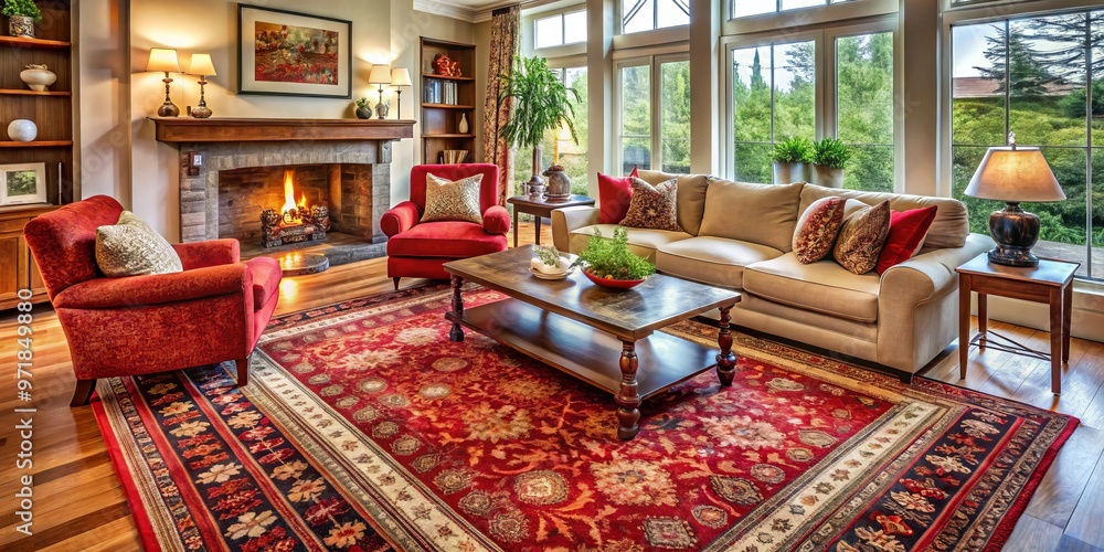 A Lush red Persian rug adds warmth and elegance to a cozy living room, complemented by soft textures A Lush red Persian rug adds warmth and elegance to a cozy living room, complemented by soft textures