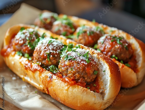 Italian meatball sub with marinara and parmesan, Fast food, hearty sandwich