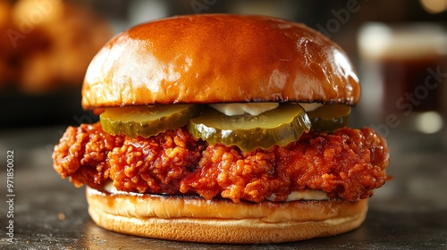 Spicy chicken sandwich with pickles and mayonnaise, Fast food, modern favorite