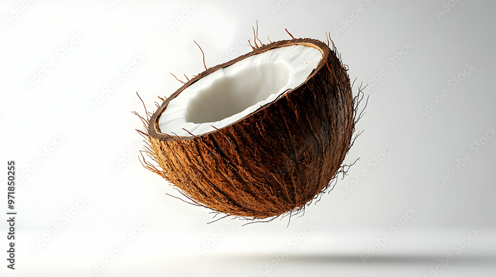 A floating coconut shell displaying its textured brown exterior and white inner surface, perfect for tropical themes. A floating coconut shell displaying its textured brown exterior and white inner surface, perfect for tropical themes.