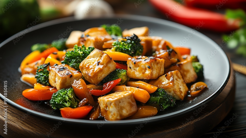 A plate of Thaistyle stirfried mixed vegetables with tofu, Thai stirfried vegetables, vegetarian option A plate of Thaistyle stirfried mixed vegetables with tofu, Thai stirfried vegetables, vegetarian option