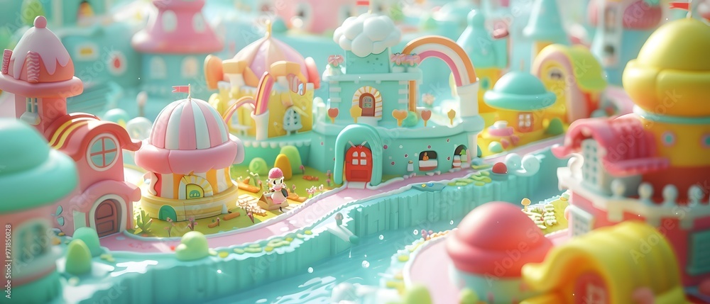 Sunny morning in rainbow village, animals busy in golden wheat field.