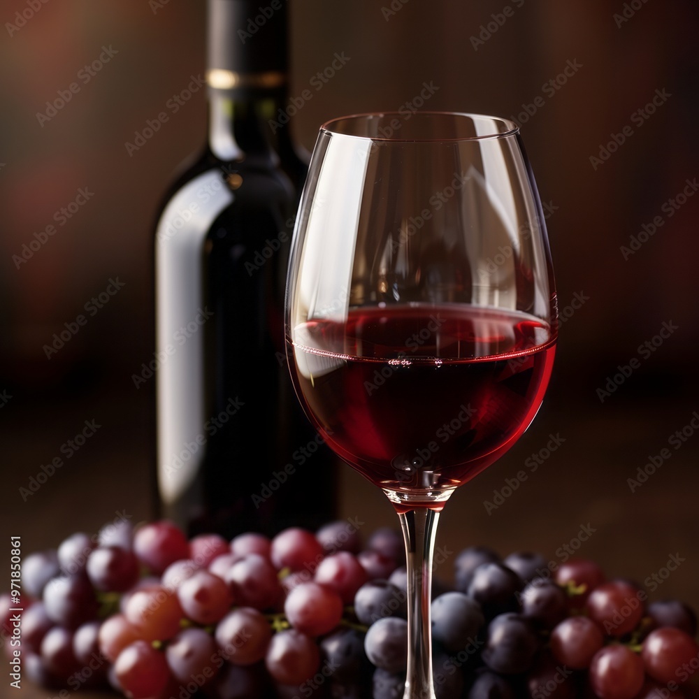 Obraz premium Close-up of red wine glass rich color and delicate curves with bottle and grapes in background. 🍷🍇 Elegant composition perfect for wine lovers and sophisticated settings!