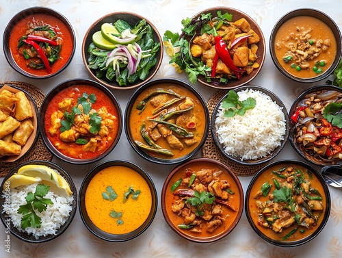 A table setting with various Thai dishes, including curries, stirfries, and soups, Thai food spread, feast