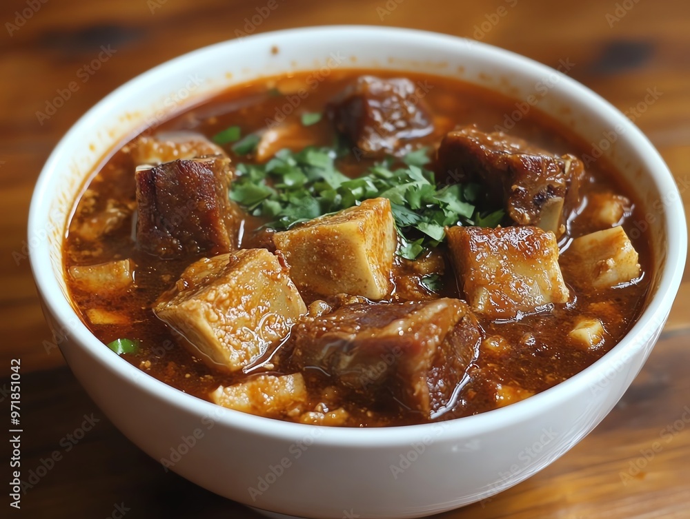 Bowl of spicy Isaanstyle hot and sour soup with pork ribs, Isaan hot and sour soup, regional Thai soup Bowl of spicy Isaanstyle hot and sour soup with pork ribs, Isaan hot and sour soup, regional Thai soup