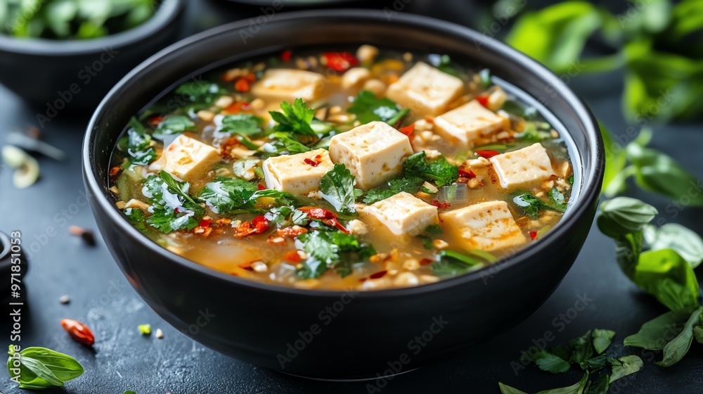 Bowl of Thai clear soup with tofu and vegetables, Thai clear soup, light meal Bowl of Thai clear soup with tofu and vegetables, Thai clear soup, light meal