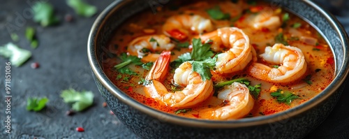 Bowl of Thaistyle hot and sour prawn soup with fresh herbs, Thai hot and sour soup, spicy seafood dish photo