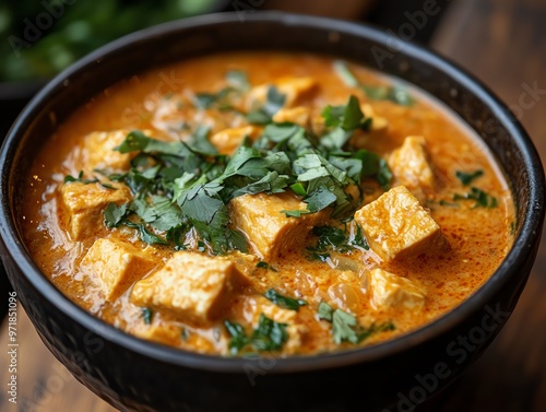 Bowl of Thaistyle pumpkin curry with chicken, Thai pumpkin curry, seasonal dish