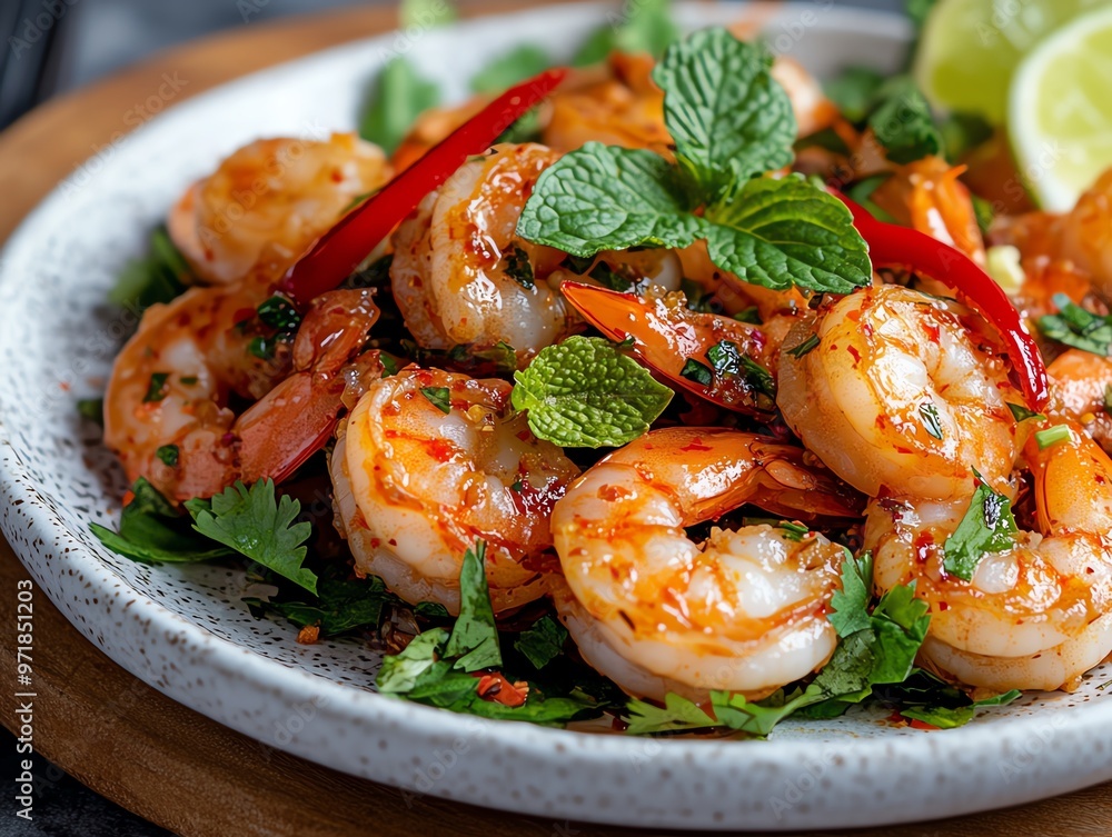 Closeup of Isaanstyle spicy shrimp salad with fresh herbs, Isaan shrimp salad, zesty seafood Closeup of Isaanstyle spicy shrimp salad with fresh herbs, Isaan shrimp salad, zesty seafood