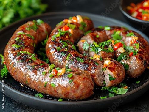 Grilled Isaan sausages Sai Krok Isaan served with fresh vegetables and herbs, Sai Krok Isaan, Isaan appetizer photo