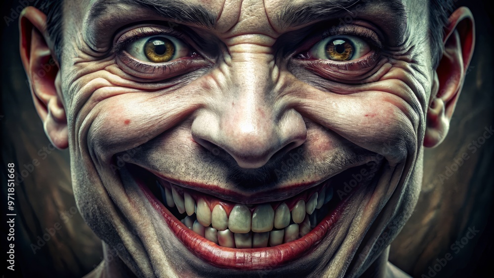A chilling close-up of a distorted, wide-grinning face with an unsettling, exaggerated smile, conveying an eerie and A chilling close-up of a distorted, wide-grinning face with an unsettling, exaggerated smile, conveying an eerie and