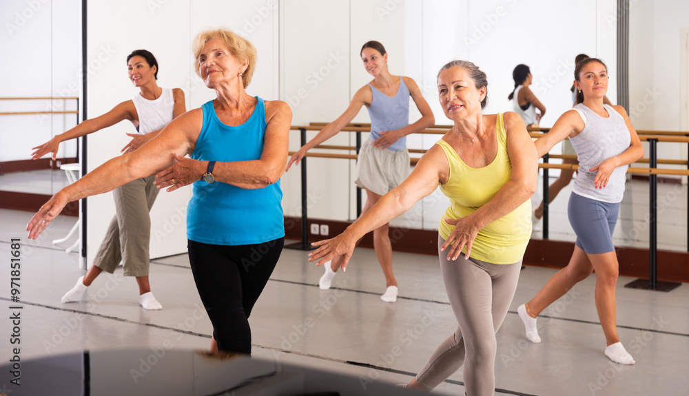 Fototapeta premium Dancing active women engaged in a group class practice energetic dance in a modern dance studio